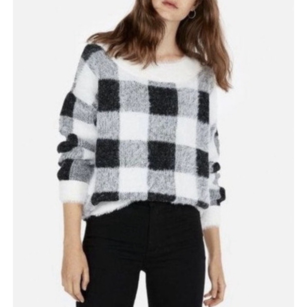 Y2K Express Fuzzy Knit Sweater Sz M Black White Plaid Crewneck Modern Preppy